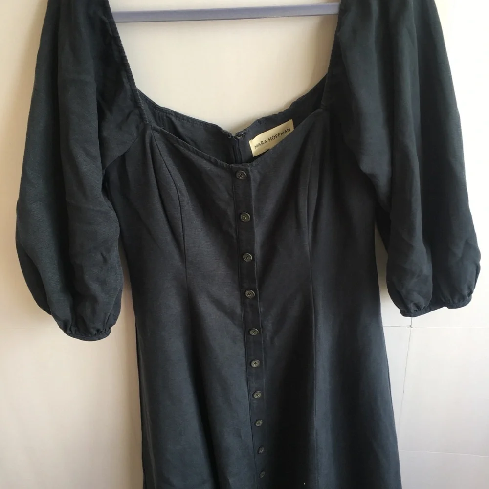 Mara Hoffman Mika Puff-Sleeve Linen Blend Button-Front Maxi Dress in Navy Blue - Picture 8 of 12
